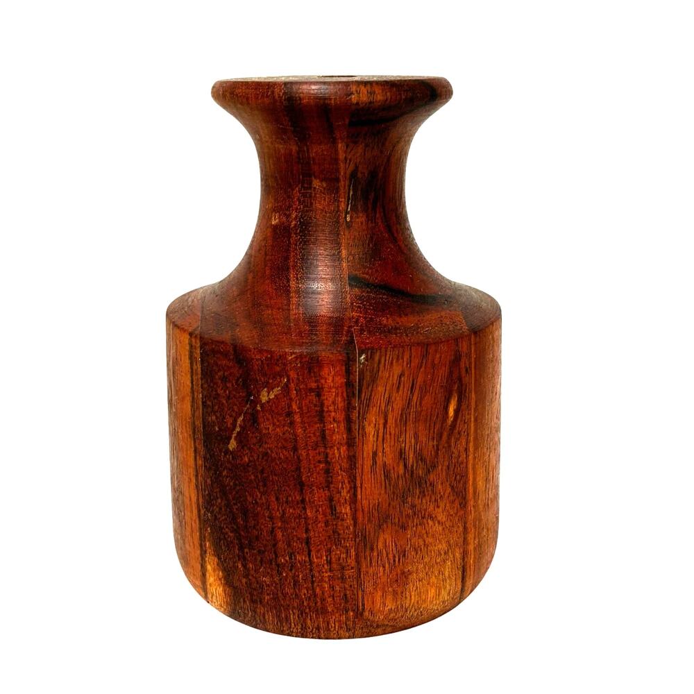 Turned wood bud vase unsigned wooden rich brown grained 6" tall minimalist
